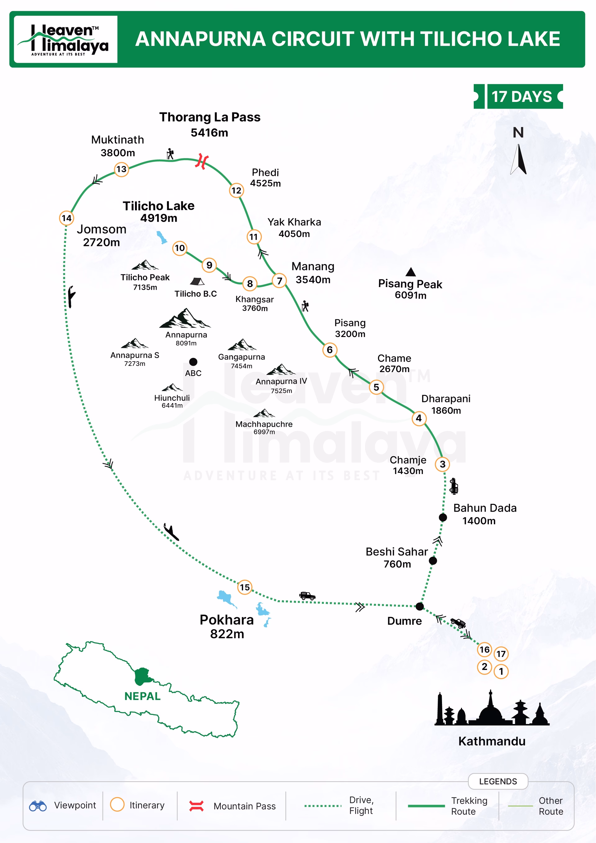 Annapurna circuit with Tilicho Trek route map