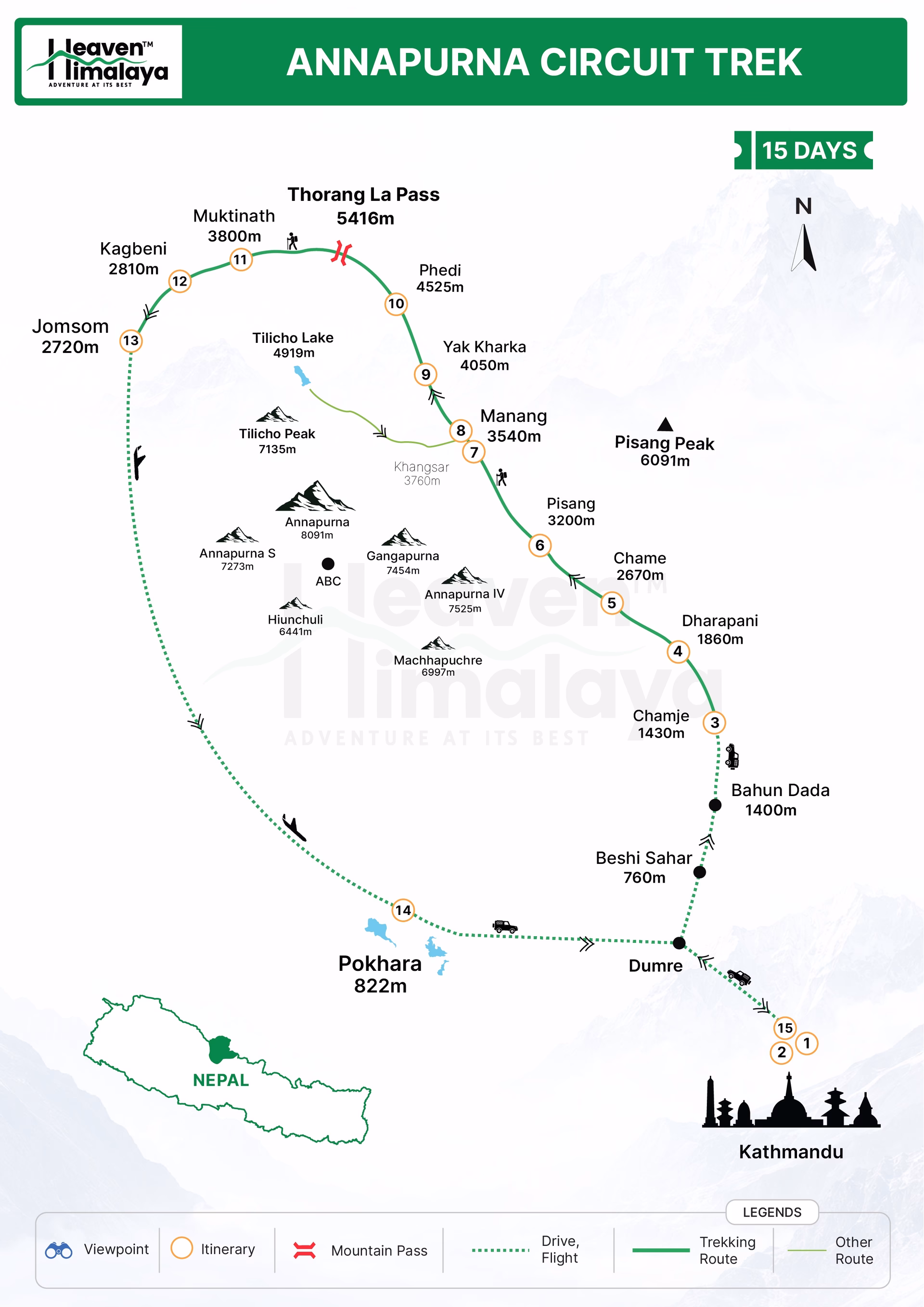 15 days Annapurna Circuit Trek Route Map