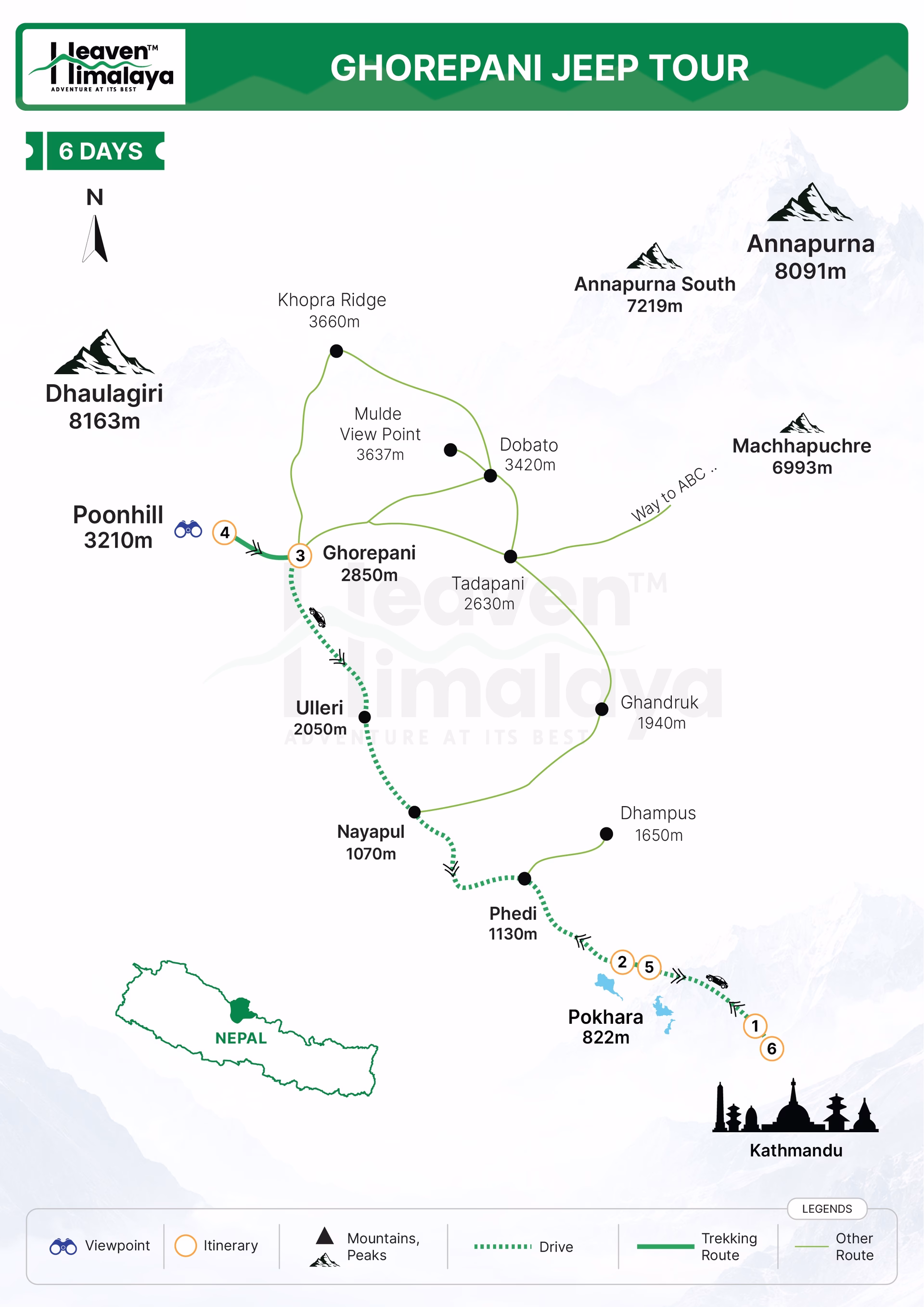 Ghorepani Jeep Tour route map
