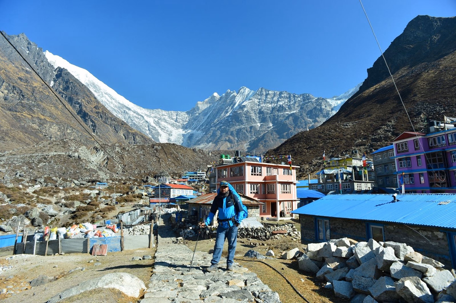 Trekker clicking photo in Kyanjin Gompa