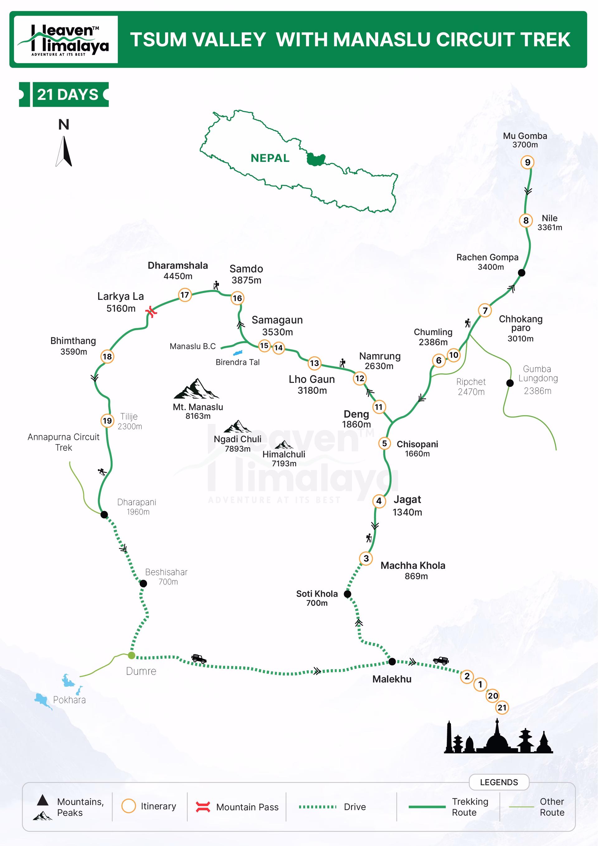 Tsum Valley with Manaslu Circuit Trek Route Map