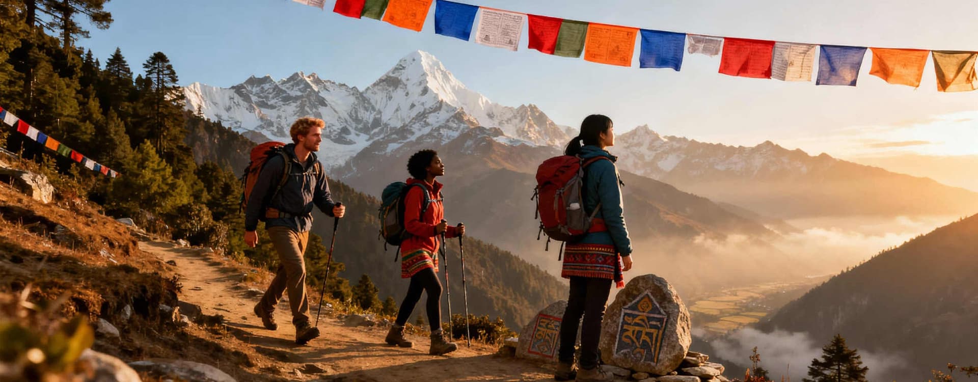 AI image showing trekkers enjoying sunrise in Nepal