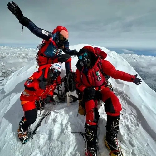 Kristin Harila at the Shishapangma Summit with her team.