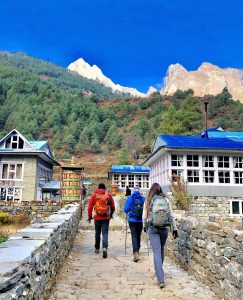 Travelers trekking in the Everest region during Dashain