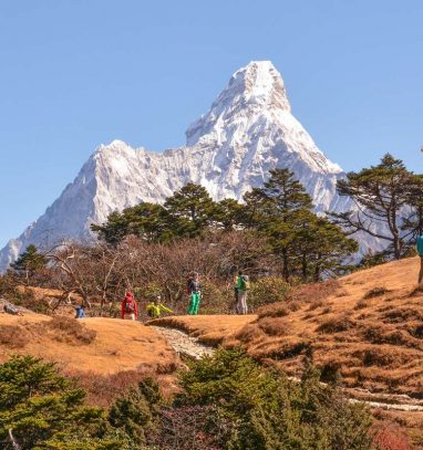 Trekkers from Heaven Himalaya looking at Mount Ama Dabalm during their Everest View Trek also known as the Everest Panorama Trek
