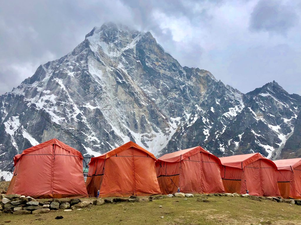 camping in tents during the chola pass trek in the Himalayas
