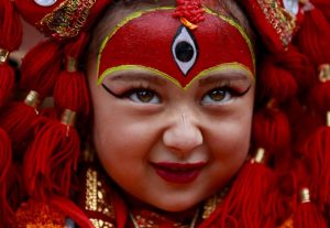 A young girl dressed as the Living Goddess Kumari 