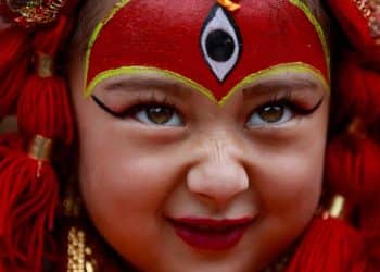 A young girl dressed as the Living Goddess Kumari