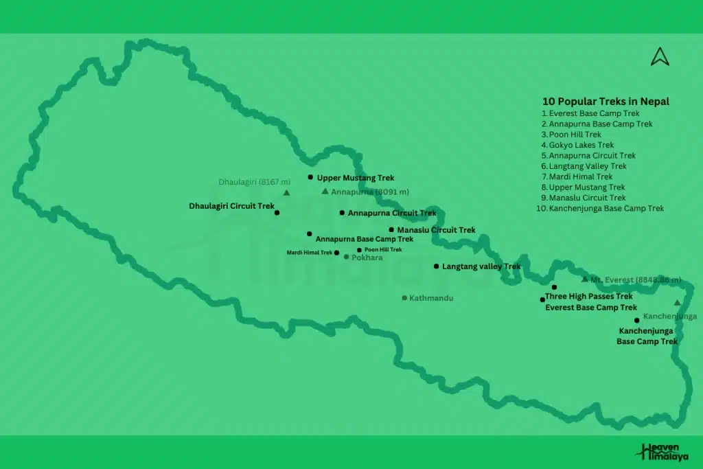 Trekking in Nepal: A map showing the locations of 10 popular treks