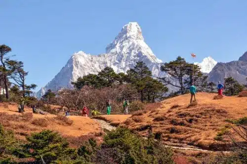 Trekkers enjoying the view of Mount Amadablam from Shyangboche above the Namche along the Everest Base Camp Trek route.