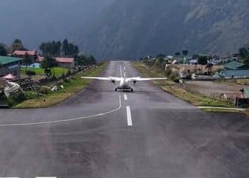 A plane in runway of Lukla airport in Nepal
