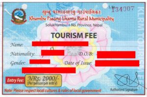Sample of Khumbu Pasang Lhamu Rural municipality entry permit for Everest 