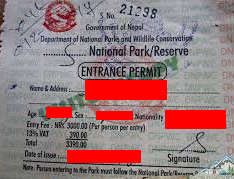 Sample of Sagarmatha National Park Permit for getting to the Everest Base Camp