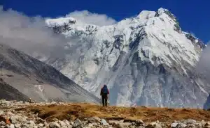 A trekker walking towards mountains in Nepal.