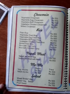 Food Menu from 8848 guesthouse on Everest Base Camp Route