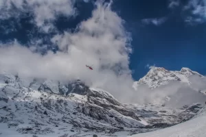 Helicopter flying in Annapurna during winter